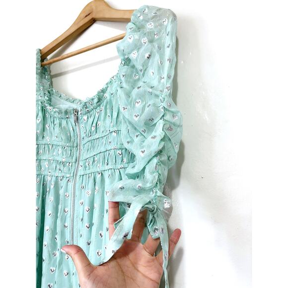 FOR LOVE & LEMONS NWT Eden Silk Metallic Hearts Midi Dress Mint Silver Size S - Picture 7 of 13